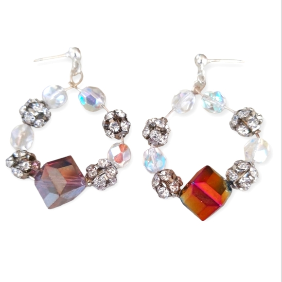 NWT Handcrafted AB Crystal and Rhinestone Hoop Style Pierced Earrings - Picture 2 of 6